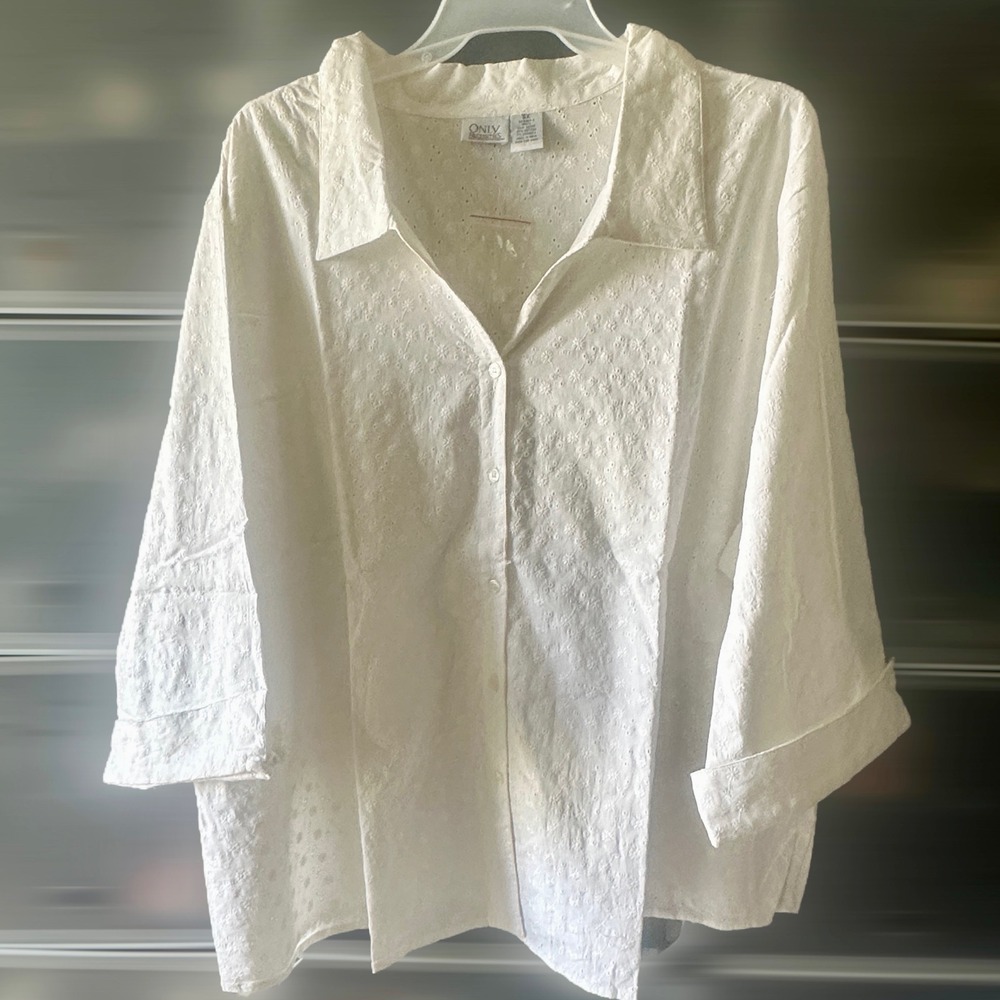 Only Necessities White Floral Eyelet Button Up Blouse 5X 3/4 Sleeve Cotton Blend